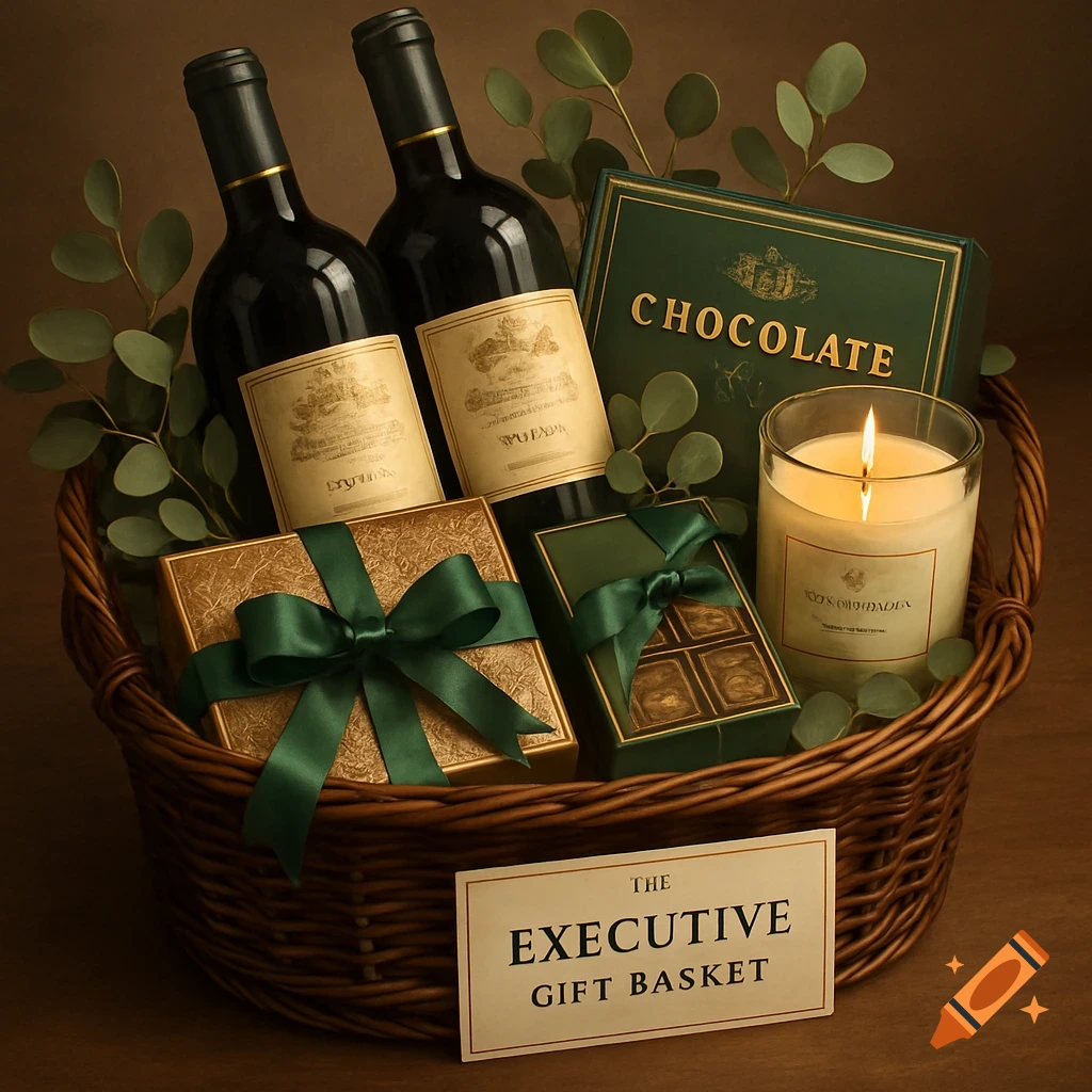 A luxurious gift basket with two dark wine bottles, a box of chocolates, a golden wrapped gift with a green ribbon, a smaller green box, and a lit candle, surrounded by eucalyptus leaves, on a wooden surface. A card reads "THE EXECUTIVE GIFT BASKET".