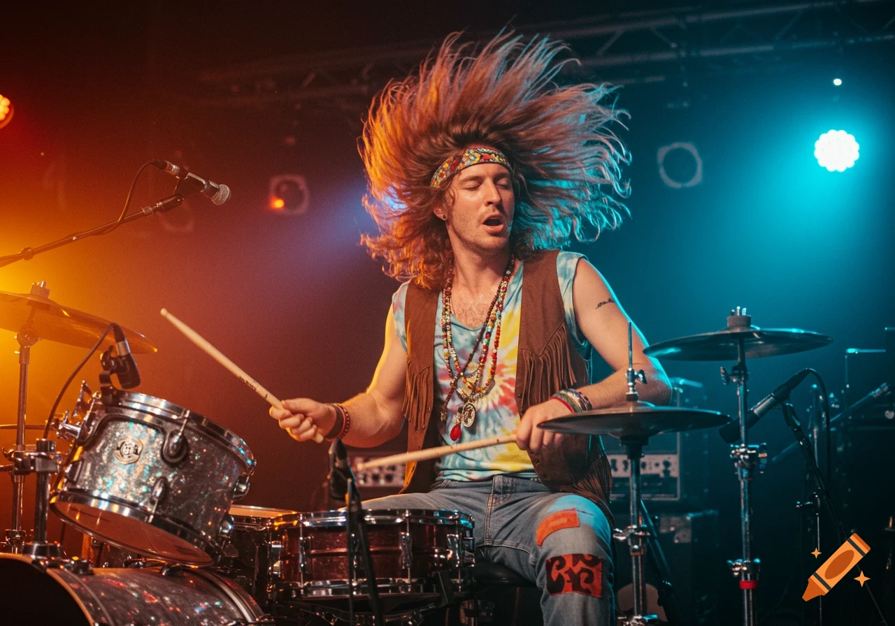 A long-haired drummer with a hippie look vigorously plays drums on a stage under colorful lights.