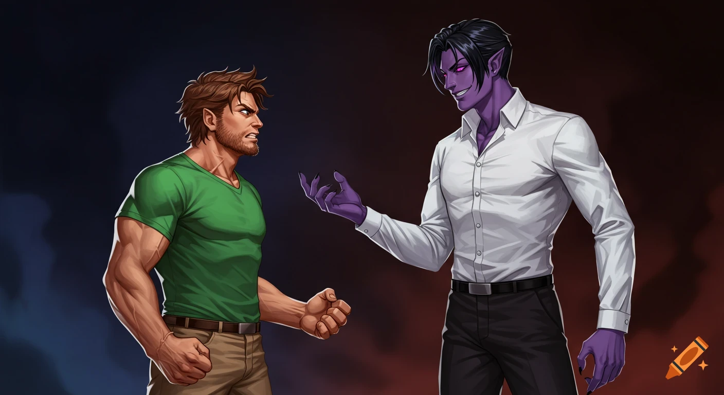 Digital illustration of an angry muscular man in a green t-shirt confronting a smirking purple-skinned 'evil god' in a white shirt and black slacks.