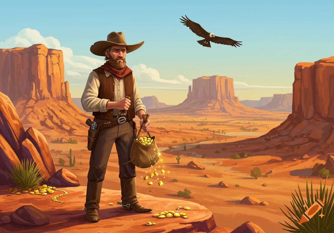 A stylized cowboy with a beard holds a spilling sack of gold in a desert landscape with mesas, an eagle flying overhead.