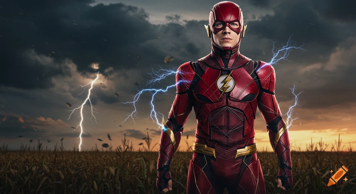 Photorealistic Flash in a red suit standing heroically in a stormy cornfield at twilight with lightning.