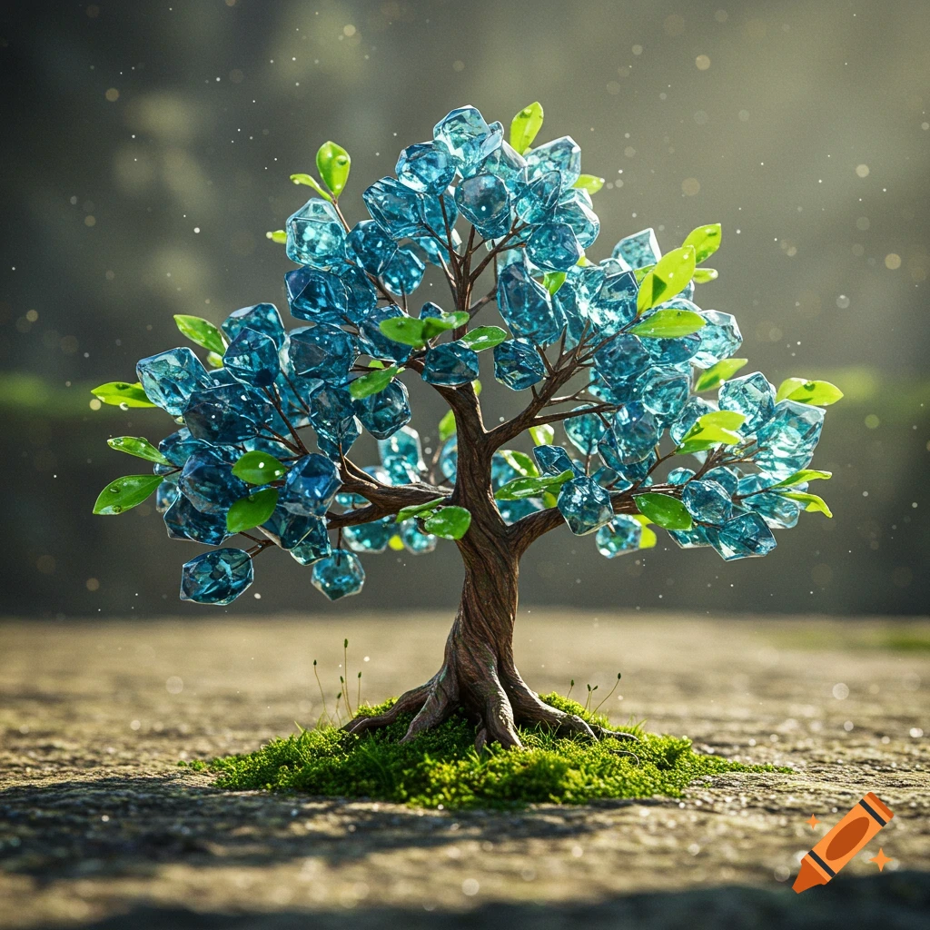 A miniature tree with a brown trunk, green leaves, and blue crystalline clusters as foliage, on a mossy patch.