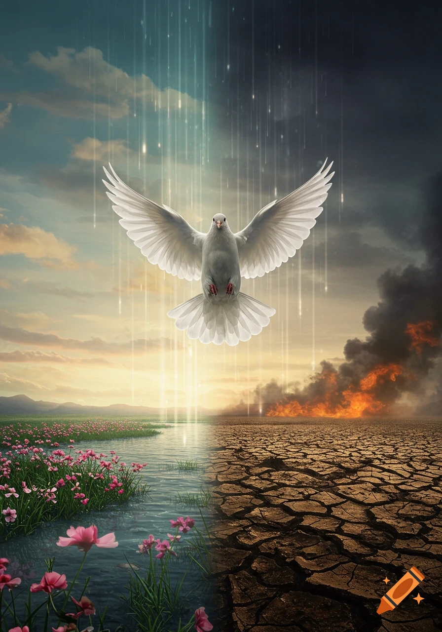 A white dove with spread wings flies over a landscape split between a lush, flowered river and a dry, burning wasteland, with light rays.