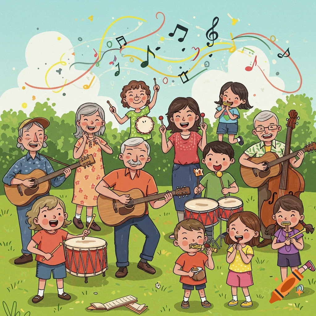 A happy diverse group of people of all ages, including children, adults, and seniors, play various musical instruments like guitars, drums, flutes, and shakers in a park under a blue sky, with musical notes floating above them in a cheerful cartoon style.