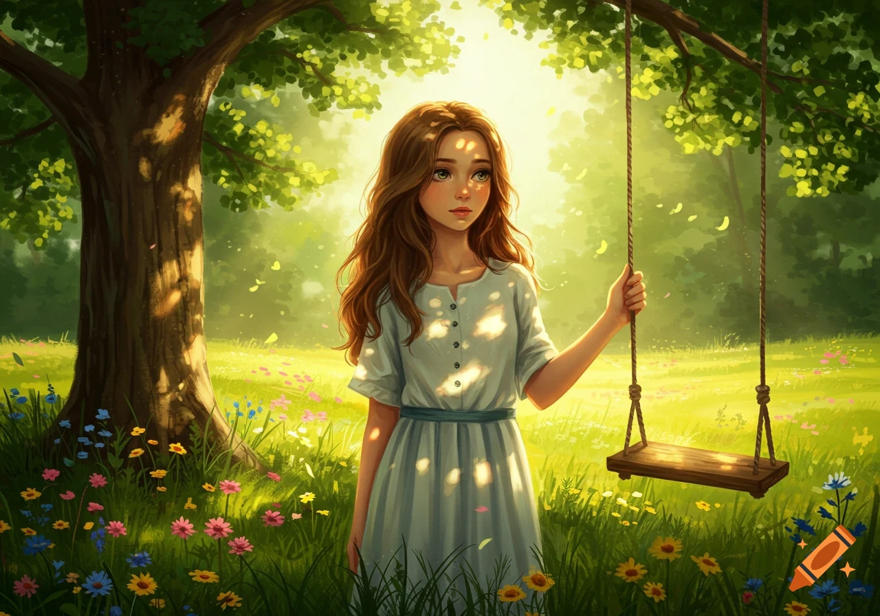 A young girl with long brown hair stands in a sunny field of wildflowers next to a large tree and a wooden swing, in a whimsical illustration style.