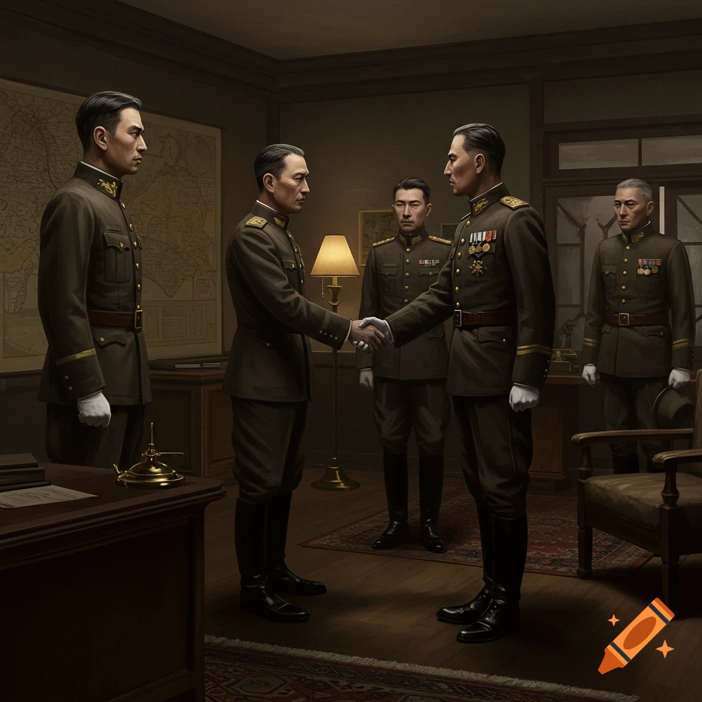 Photorealistic image of five solemn-faced men in 1940s military uniforms, two shaking hands in a dimly lit office with a map on the wall.