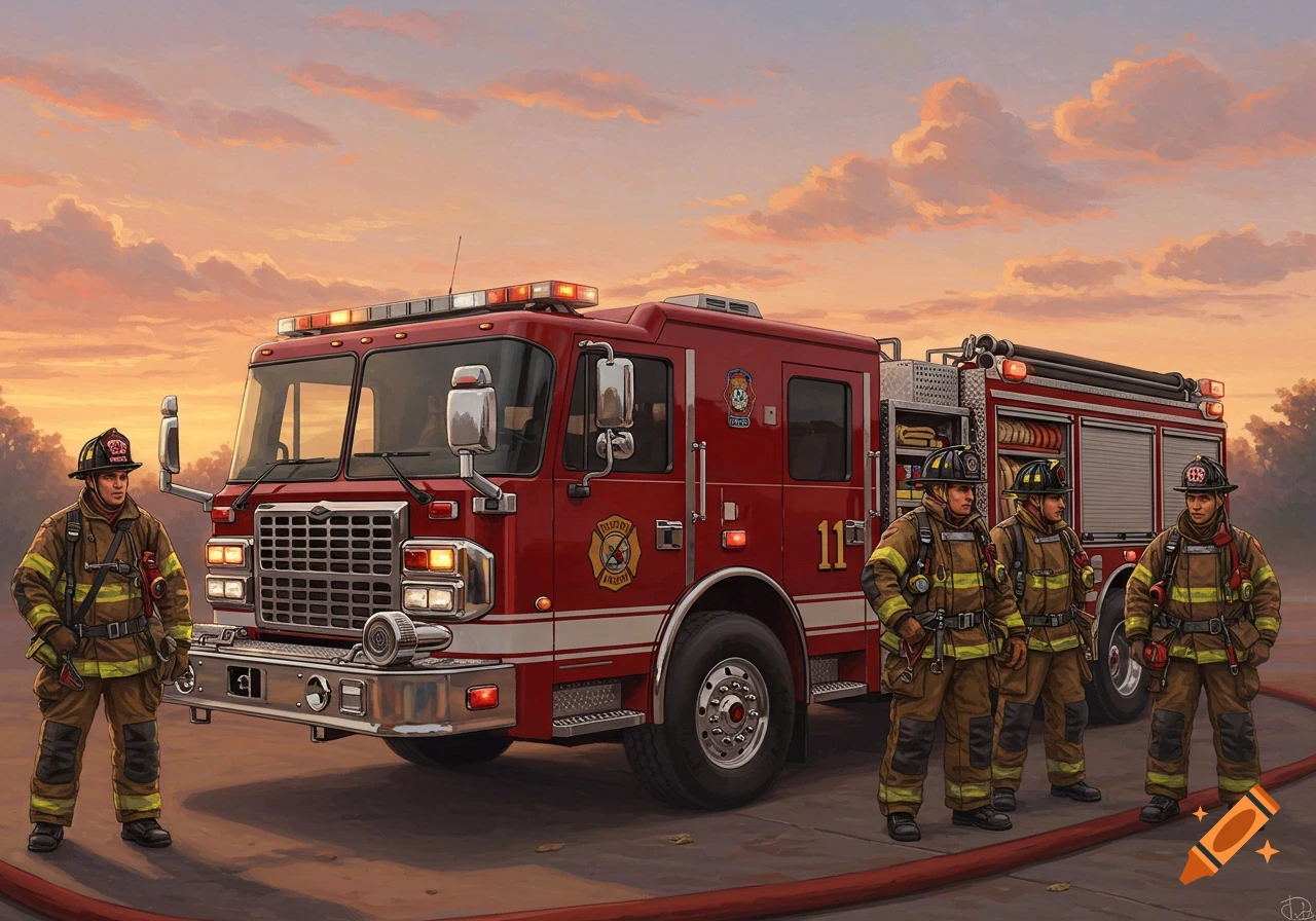 An illustration of a red fire engine and four firefighters in uniform standing on an asphalt lot at sunset.