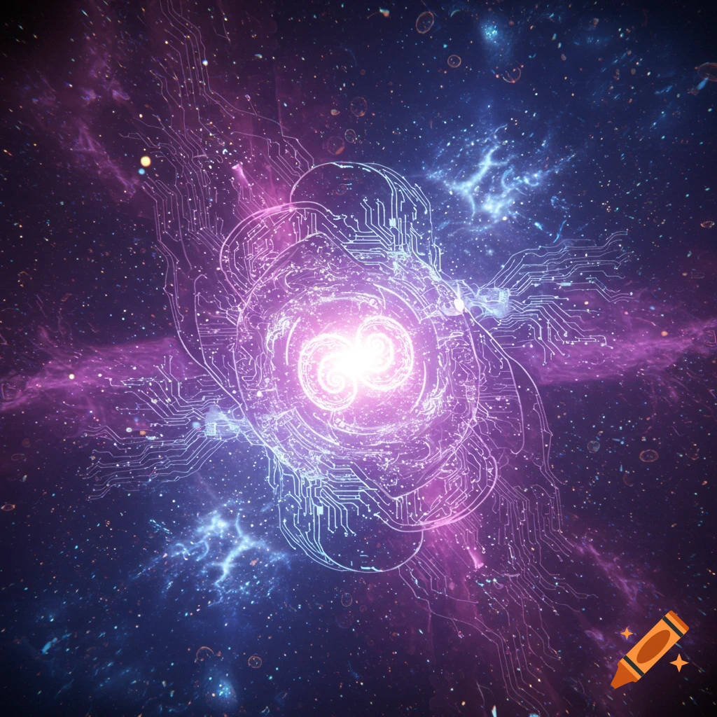 A vibrant abstract image with glowing purple and blue circuit board patterns forming a central swirling design against a starry cosmic background with nebulae.
