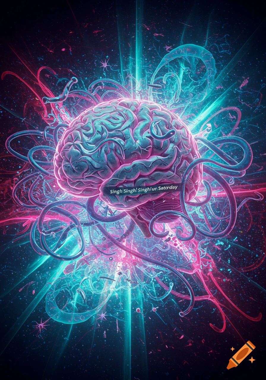 A glowing human brain surrounded by vibrant pink and blue neon lights and abstract swirling tendrils against a dark background, in a digital art style.