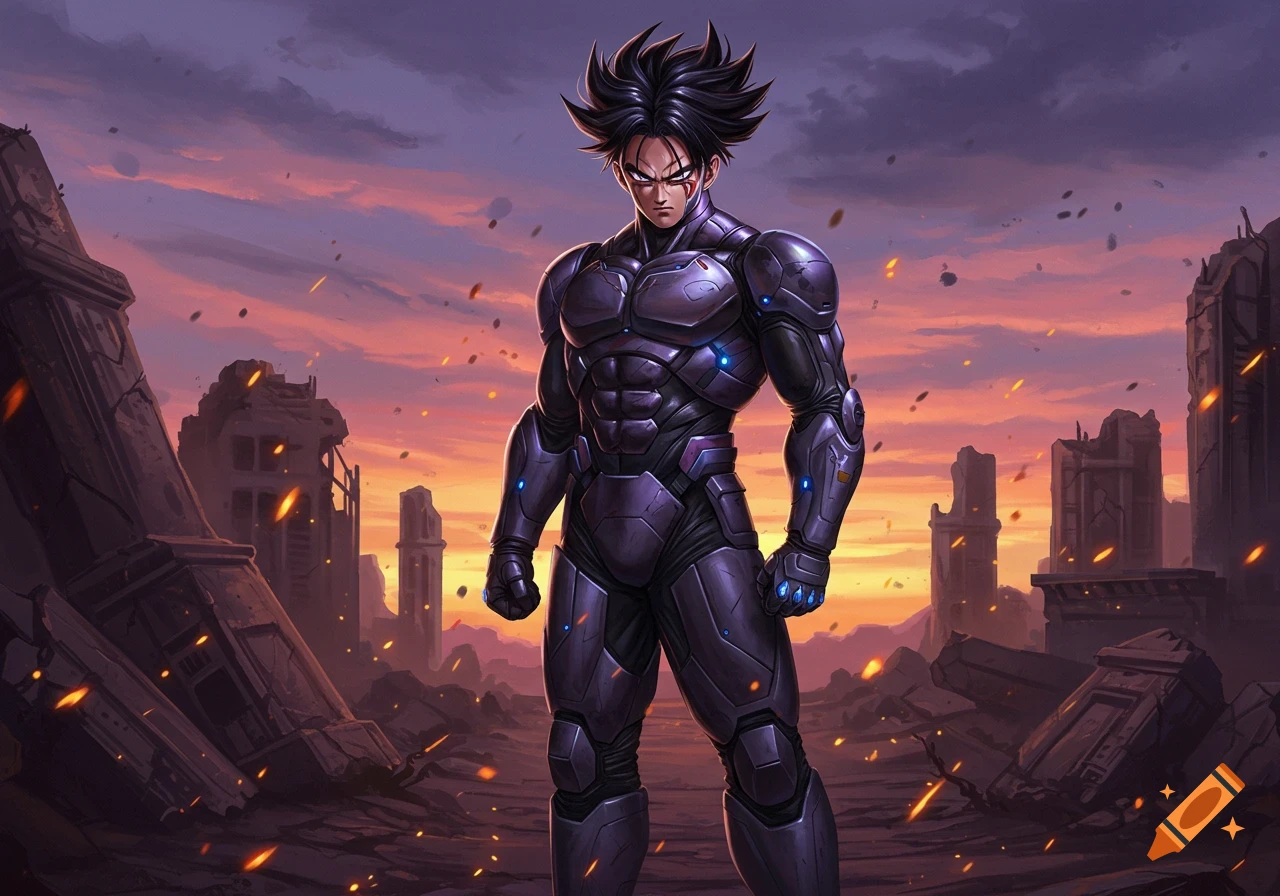 An anime-style character with spiky black hair in a purple armored suit stands in a destroyed city at sunset.