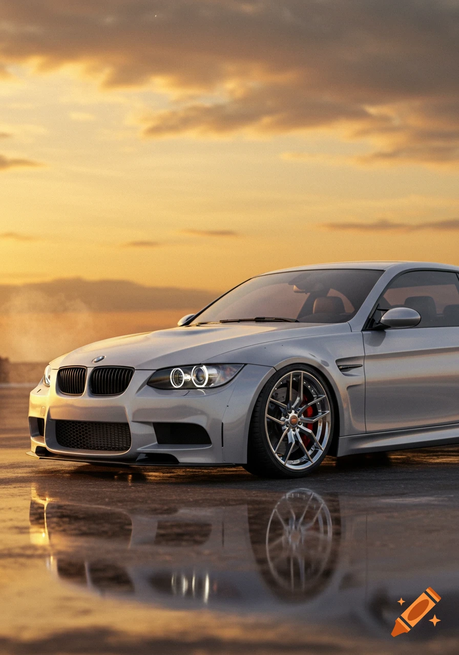 A silver BMW E92 M3 with custom wheels reflecting on a wet surface under a golden sunset sky.