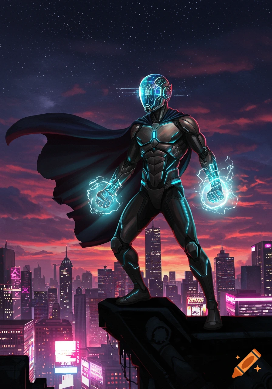 A cyborg superhero in a dark, glowing blue suit and cape stands on a skyscraper overlooking a cyberpunk city skyline at dusk, with blue energy crackling in their hands.