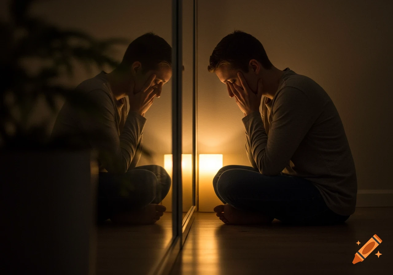 A man sits on the floor in a dimly lit room, hands covering his face, with his reflection visible in a mirror.