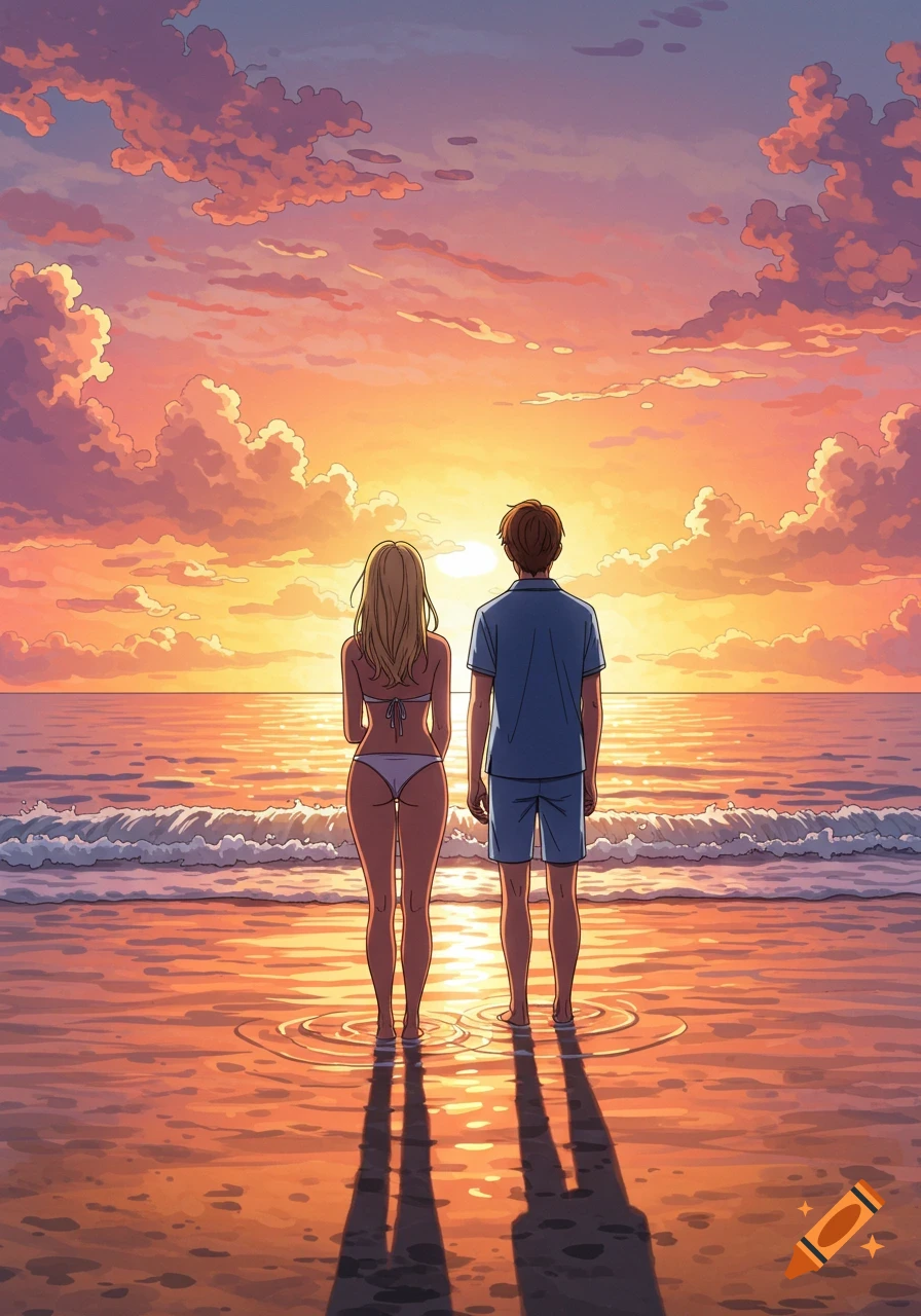 Anime illustration of a couple standing on a beach, silhouetted against a vibrant orange and pink sunset over the ocean.