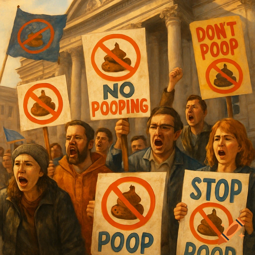 A painting of protestors holding anti-pooping signs with a 'no poop' symbol outside a government building.