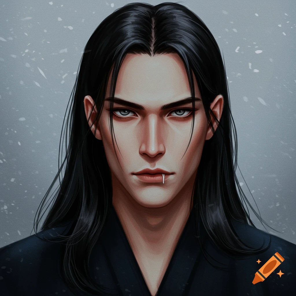 A stylized portrait of a man with long black hair, sharp features, a piercing gaze, and a white drip from his lip.