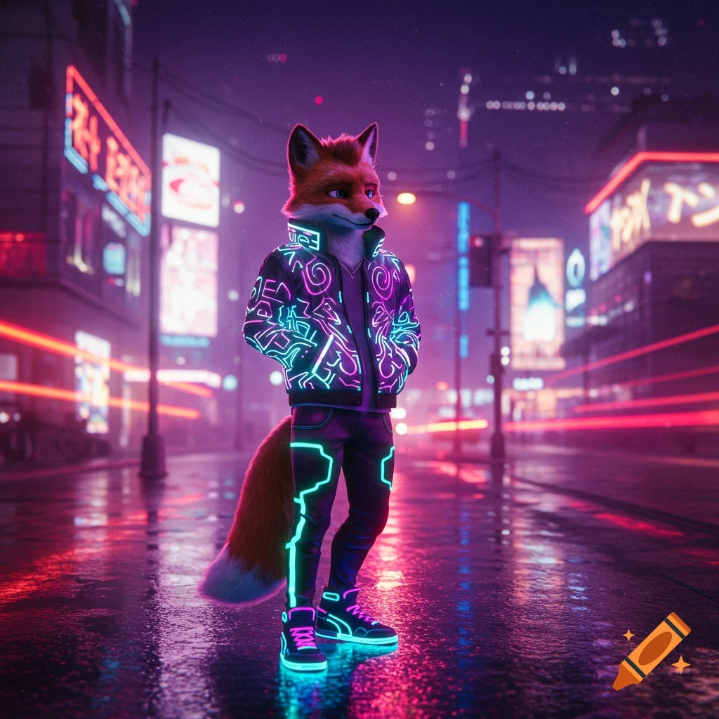 A cool anthropomorphic fox in a neon-lit cyberpunk city, wearing glowing rave clothing and standing on a wet street.