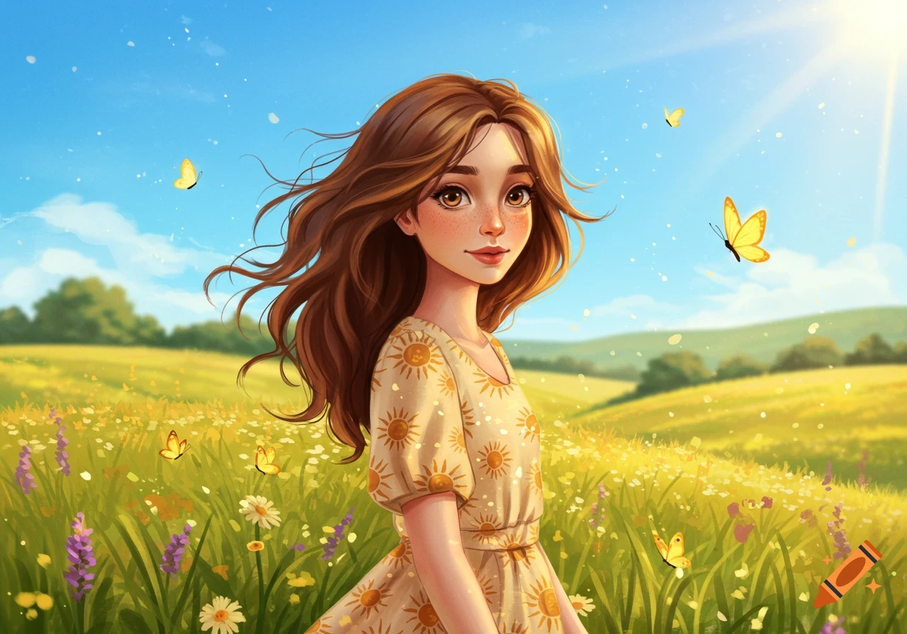 A young illustrated girl with brown hair and freckles stands in a sunny wildflower field with yellow butterflies.