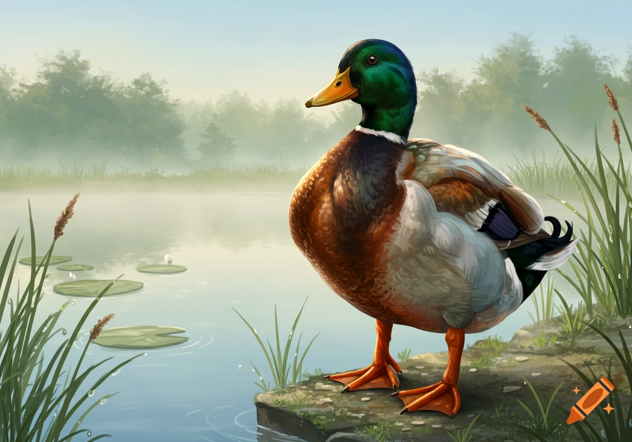 A male mallard duck stands on a mossy rock by a misty pond with lily pads and grass, realistic illustration.