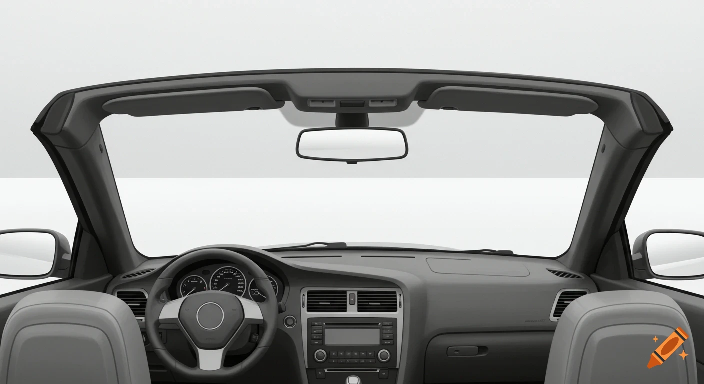 Driver's POV inside a convertible car with a black dashboard, steering wheel, and rearview mirror, against a blank white background.