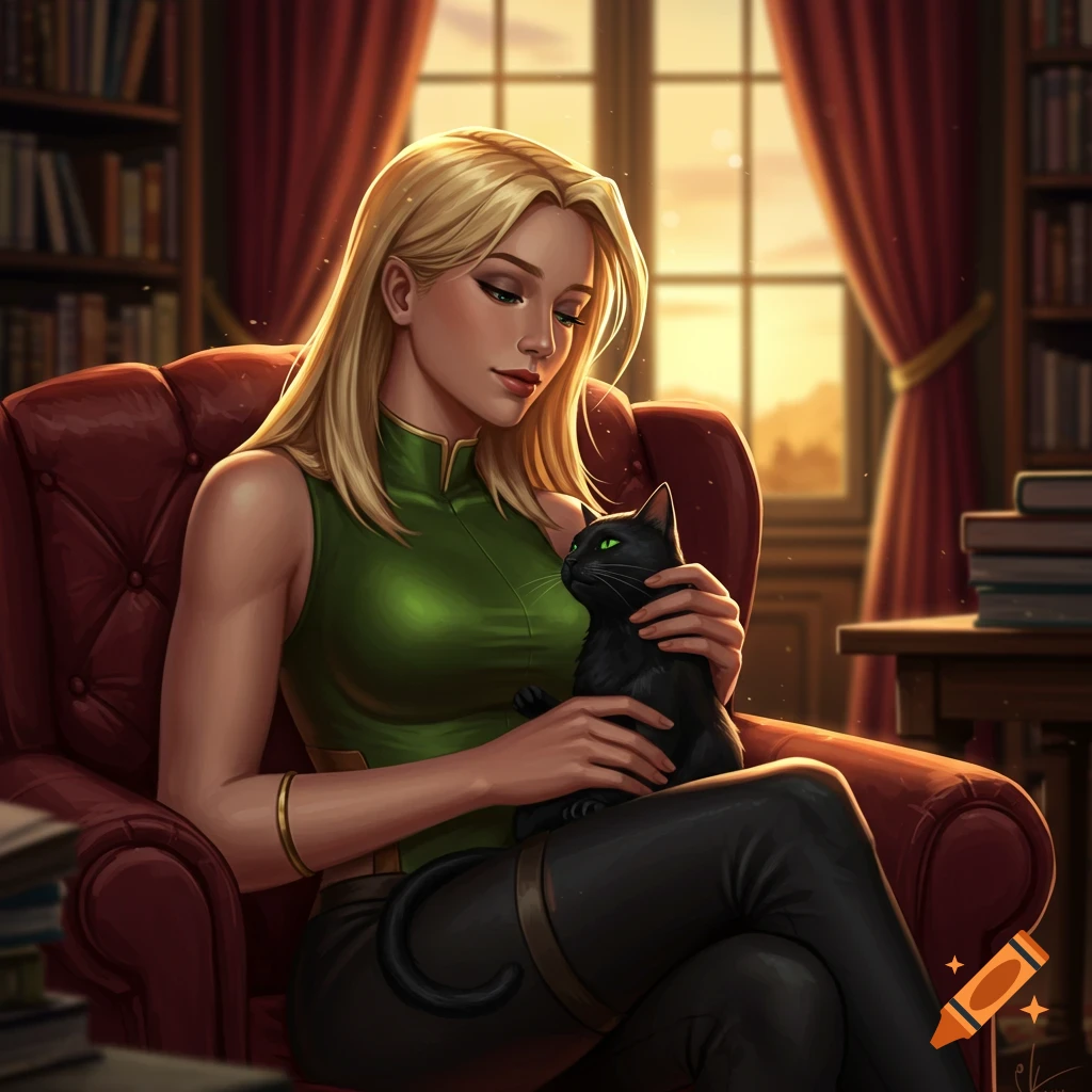 A blonde woman in a green top and black pants sits in a red armchair, gently holding a black cat in a cozy library with a sunset visible through a window.