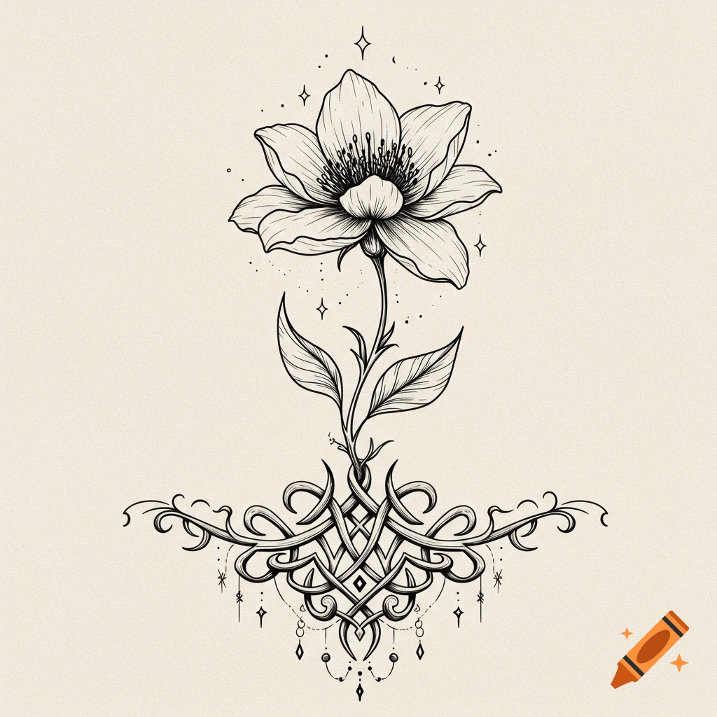 Black line art drawing of a mystical flower with detailed petals and leaves, growing from intricate tribal roots with celestial sparkles.