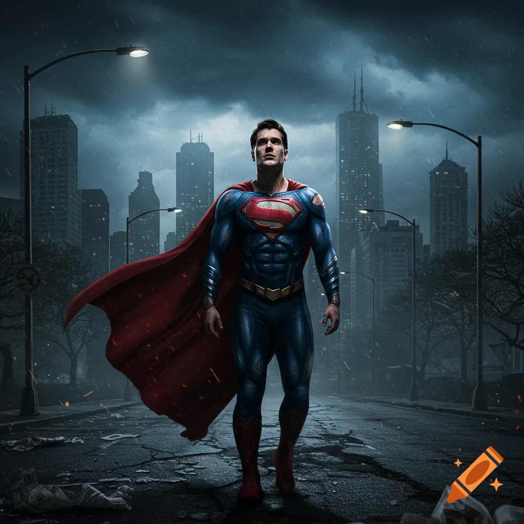 Photorealistic image of Superman walking on a damaged city street in the rain at night, looking up at the sky.
