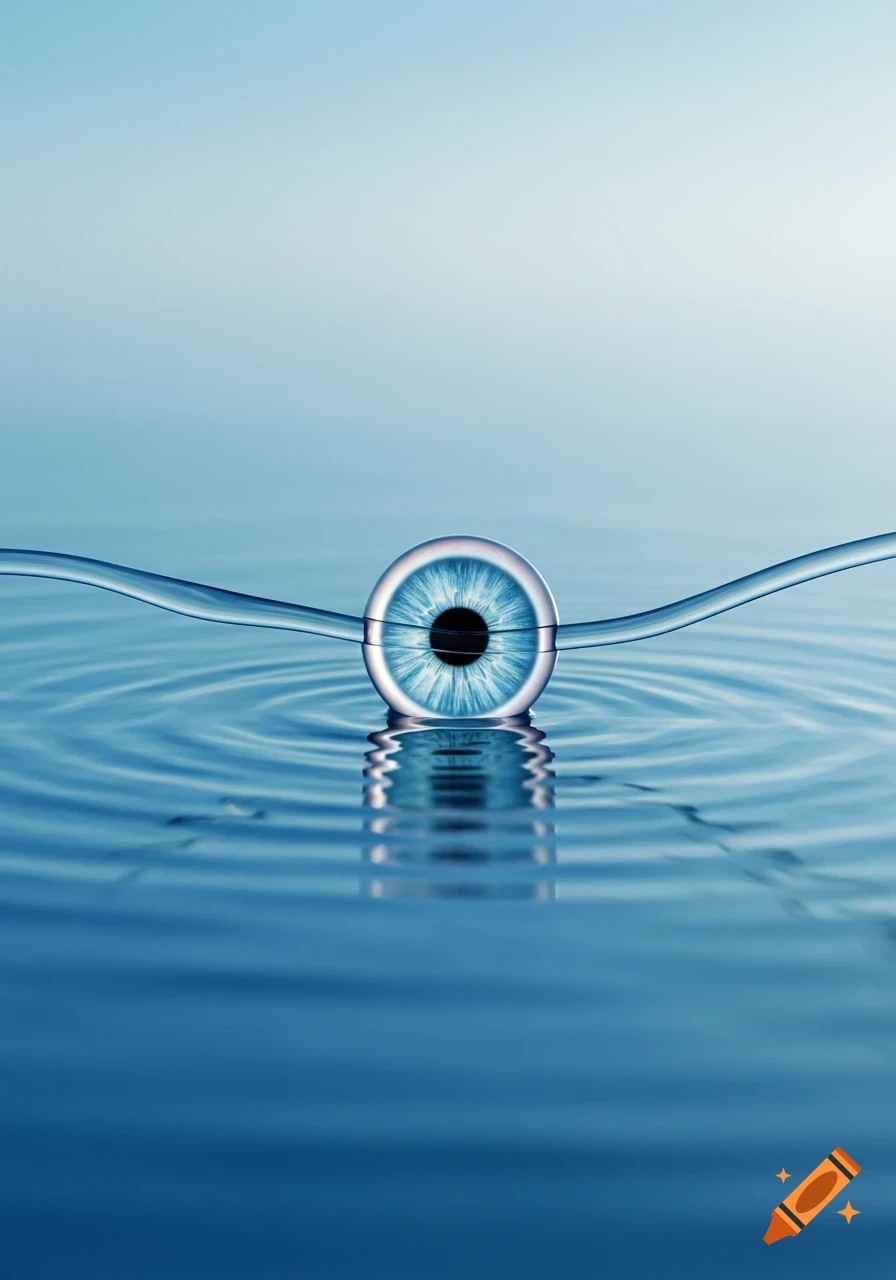 A stylized blue eye with a black pupil rests on the surface of calm blue water, creating ripples, with a clear blue gradient background.