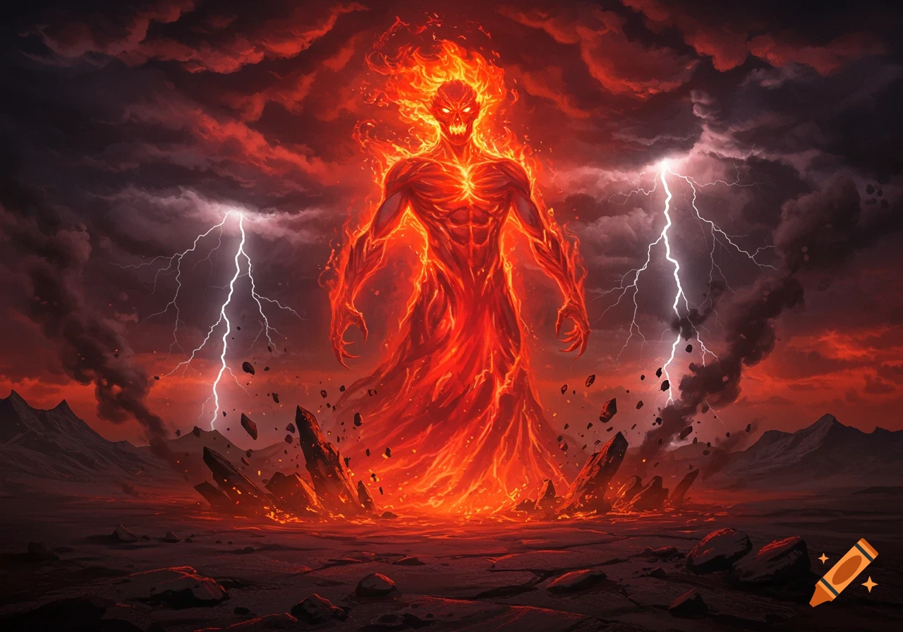 A fiery humanoid demon with glowing eyes stands in a volcanic landscape under a stormy, lightning-filled red sky.