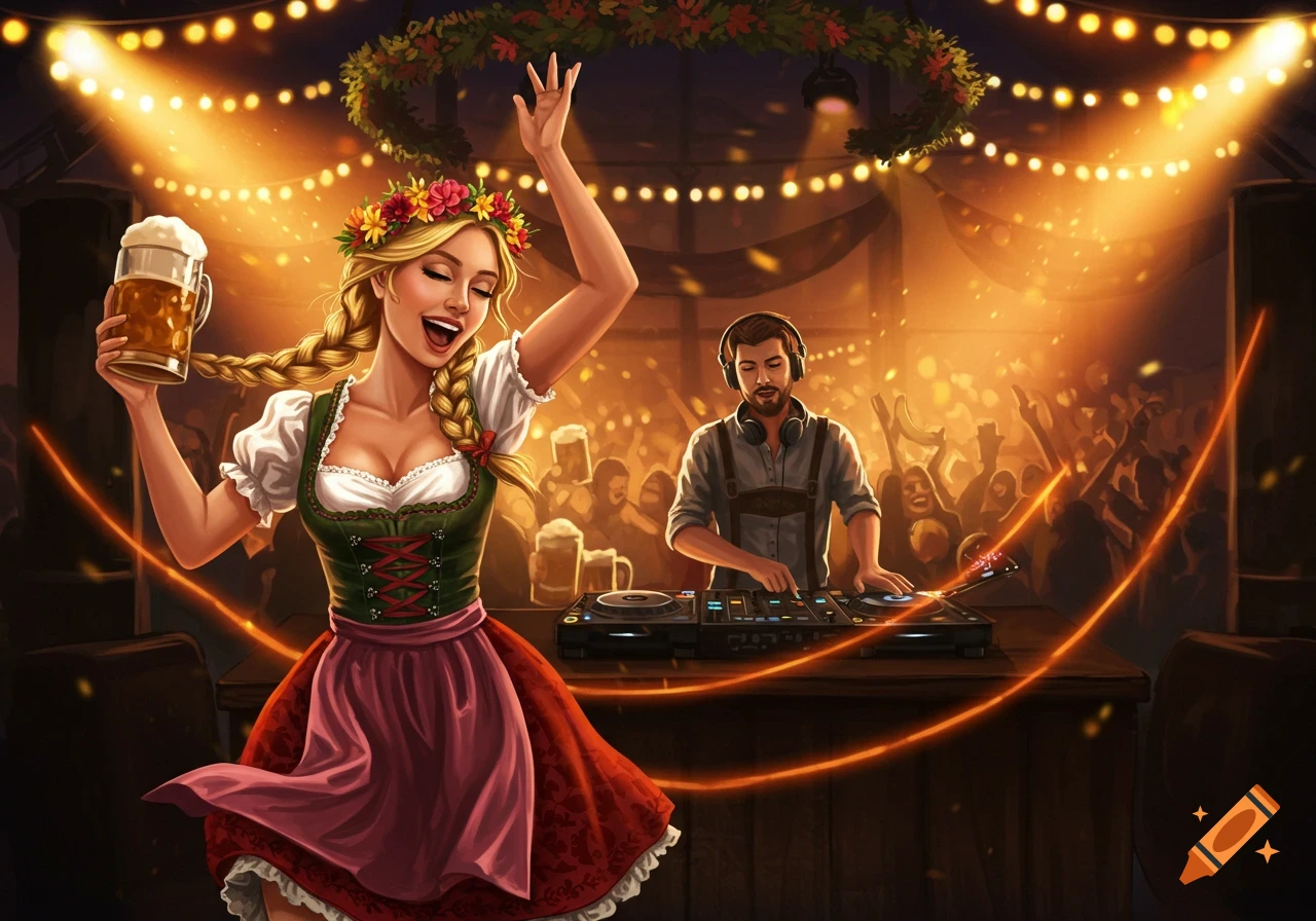 Woman in a dirndl dances with a beer mug at an Oktoberfest party, with a DJ playing music in the background.
