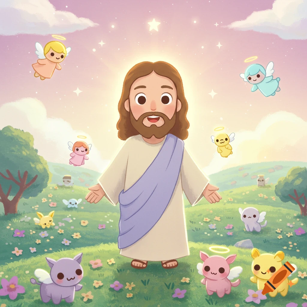 Cartoon Jesus Christ with outstretched hands, surrounded by cute winged angels and small animals in a vibrant, flowery landscape under a starry sky.