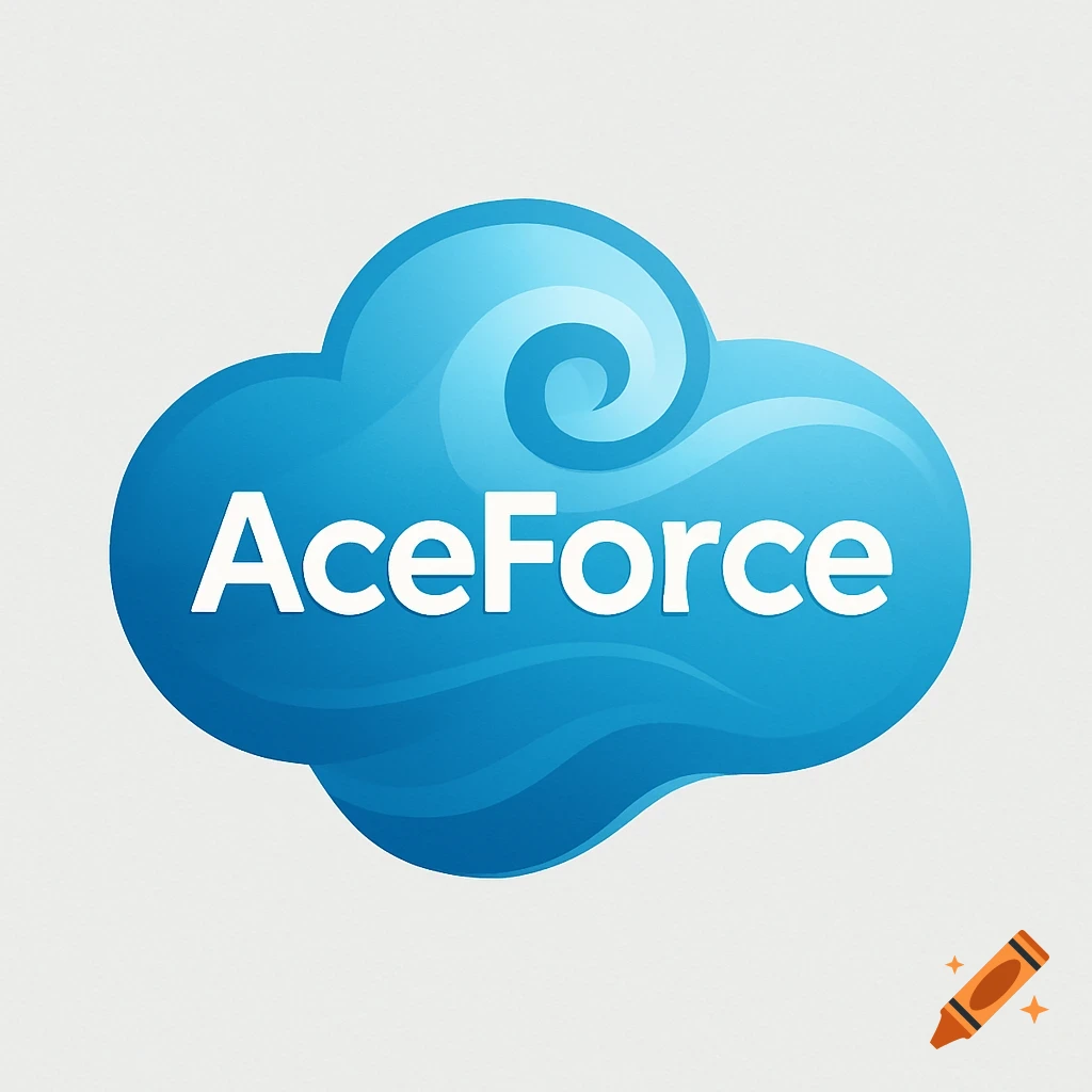 A blue cloud logo with a white spiral design and the text "AceForce" in white.