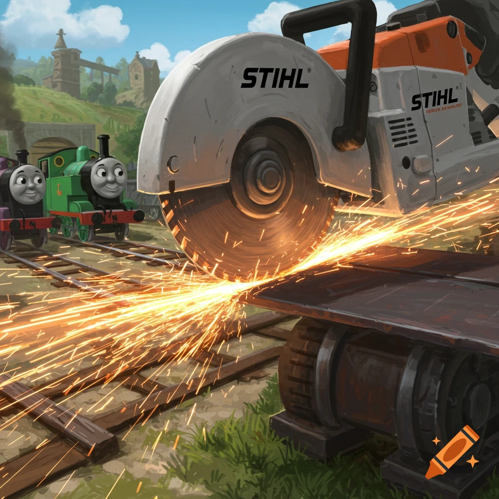 A STIHL cut-off saw with sparks flying, cutting metal on train tracks, while two cartoon trains resembling Thomas and Friends look on in the background.