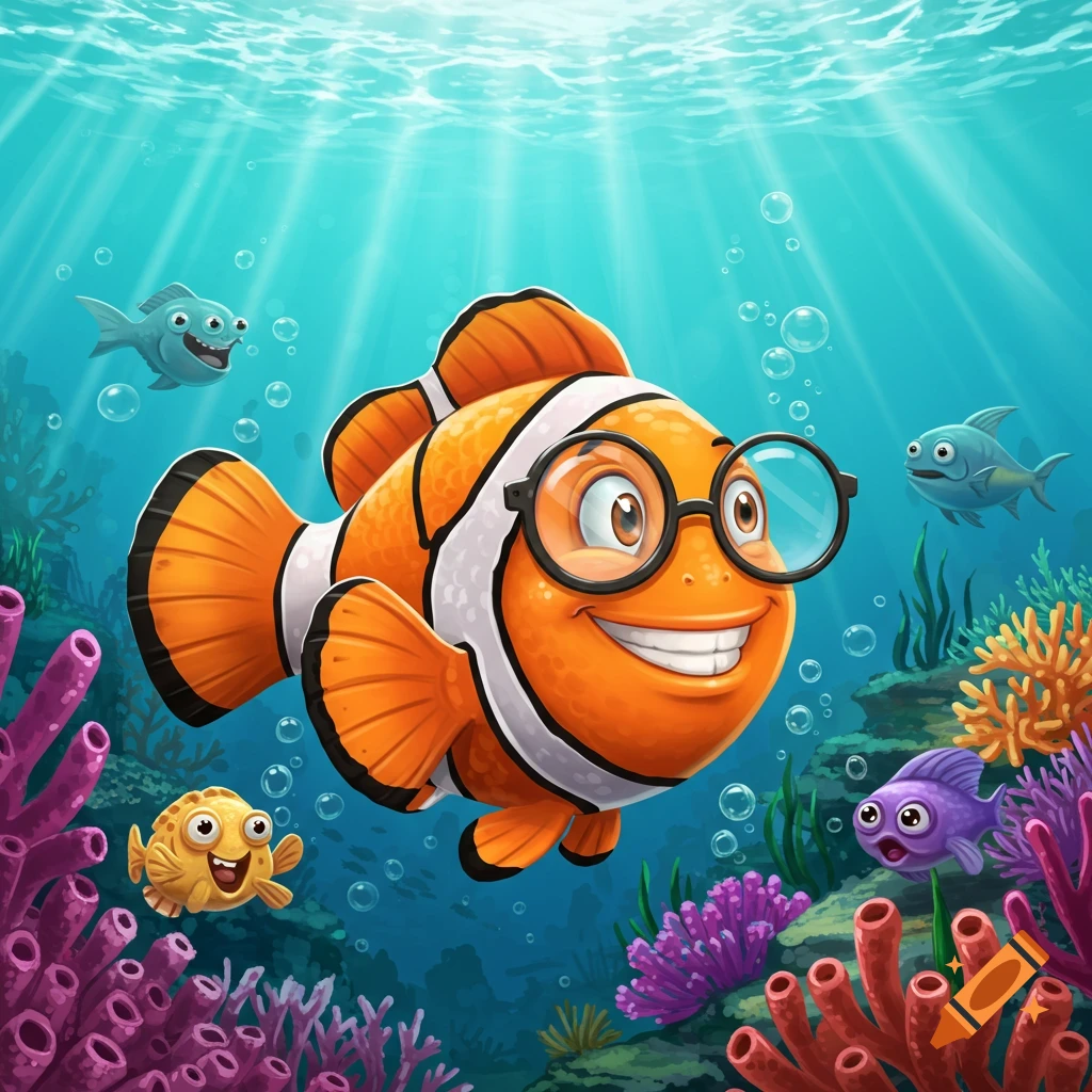 A smiling cartoon clownfish wearing round glasses swims underwater, surrounded by colorful coral and other cheerful fish, with light rays piercing the blue water from above.