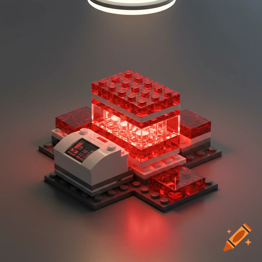 A Lego set with translucent red bricks, some glowing, forming a futuristic structure, under an overhead white light.