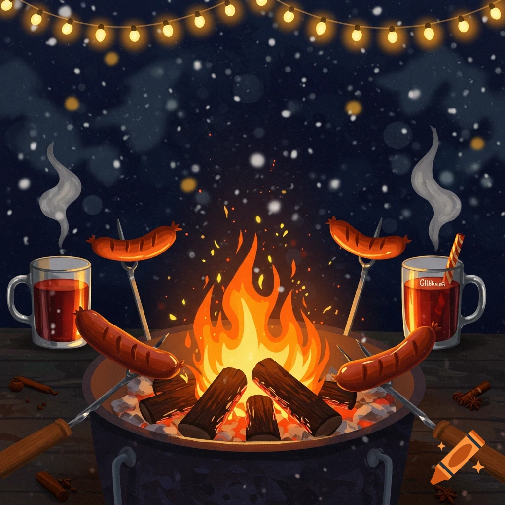 An illustration of sausages roasting over a campfire, with mugs of mulled wine, falling snow, and string lights on a winter night.