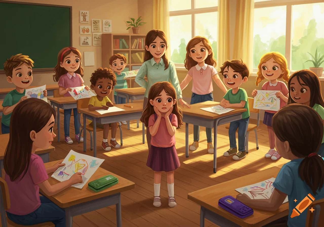 An illustration of a diverse group of children drawing in a sunlit classroom with their teacher, while one shy girl stands in the middle.
