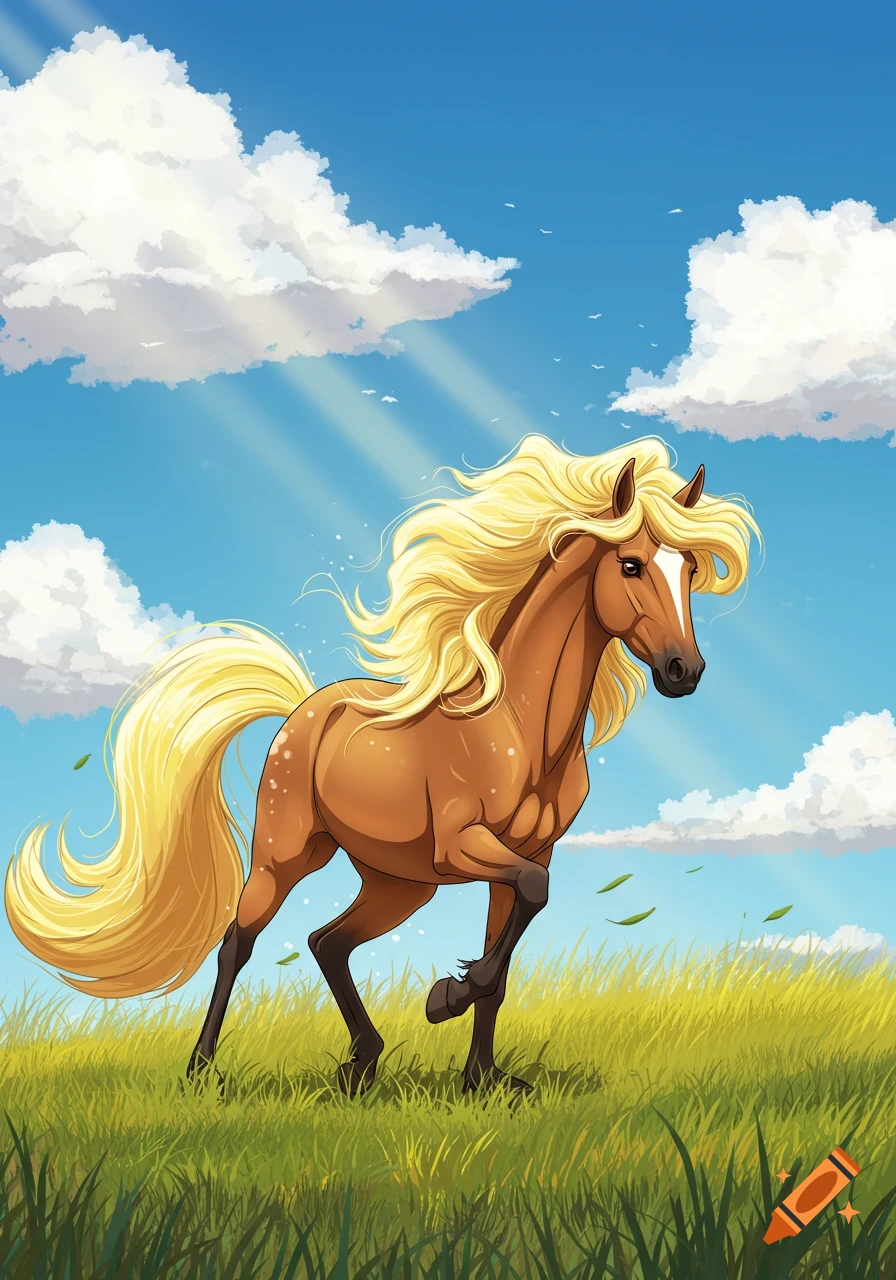 A vibrant cartoon wild mare with a long golden mane gallops through a green grassy field under a sunny blue sky with clouds.