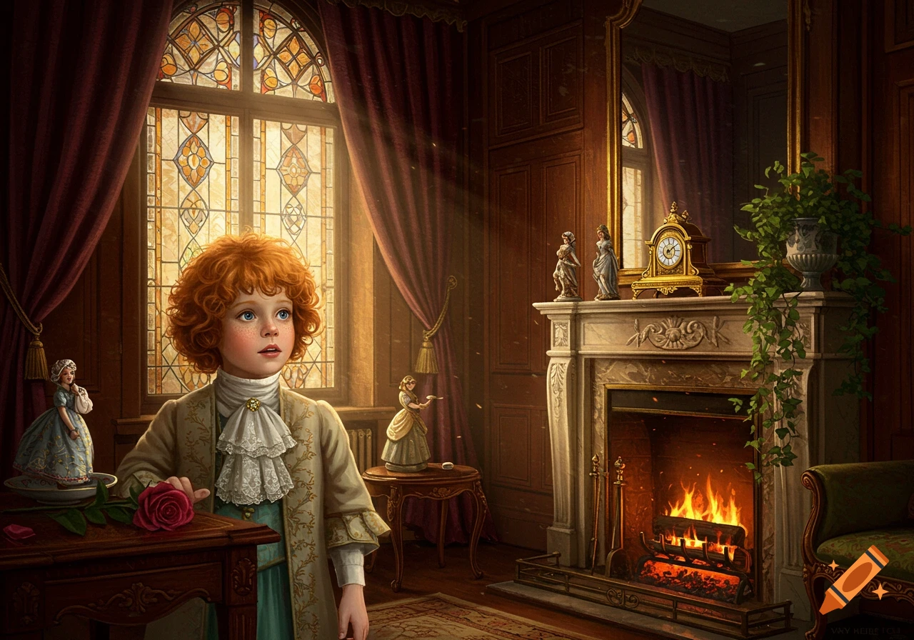 A ginger-haired child in Victorian attire stands in a grand room with a stained glass window, holding a red rose.