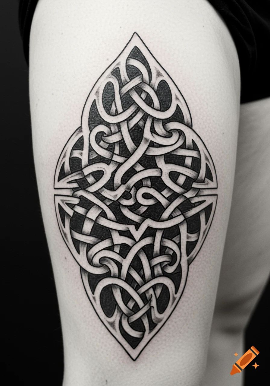 Detailed black and white Celtic knot tattoo on a person's thigh.