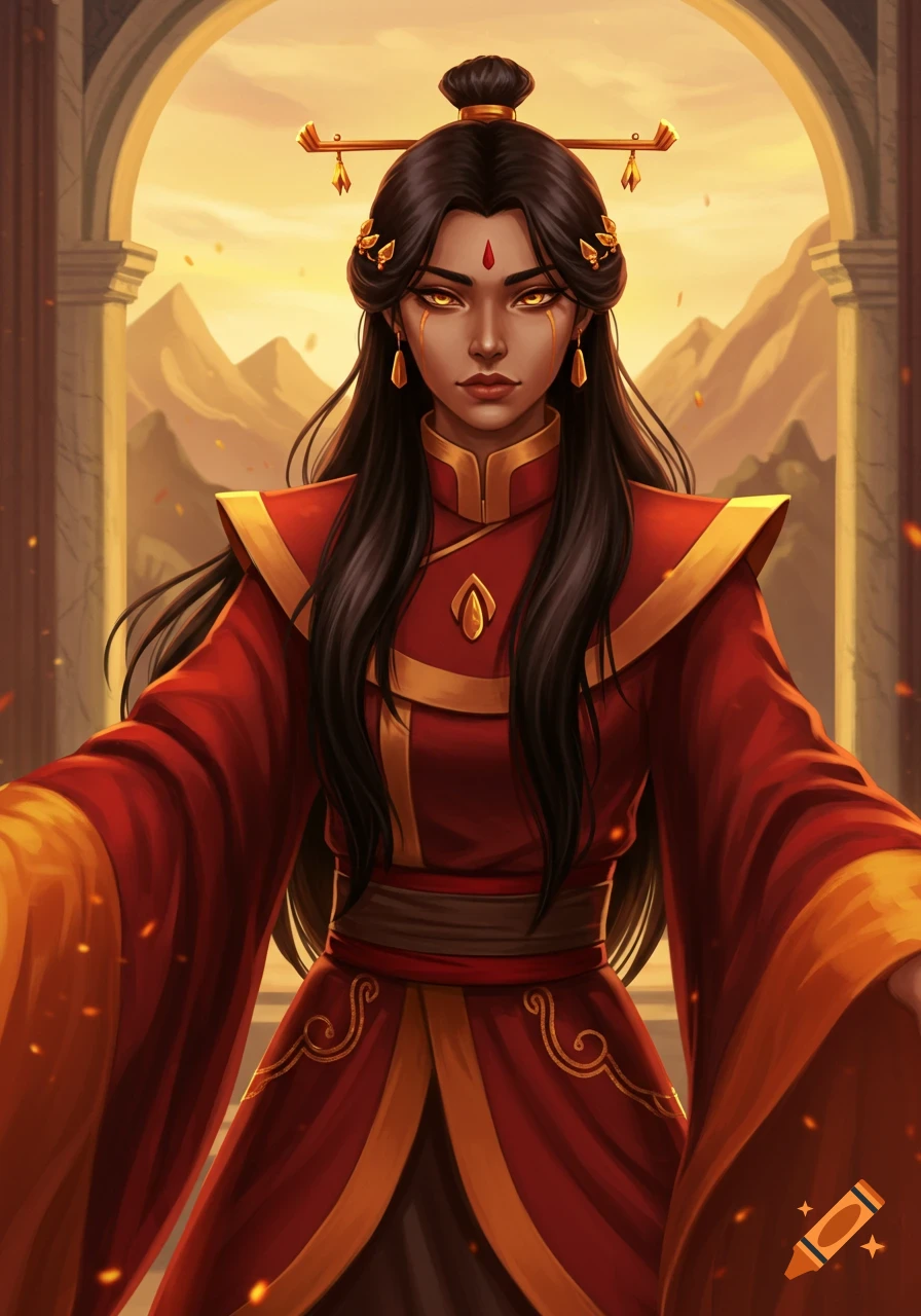 Digital illustration of a dark-skinned woman with black hair, golden eyes, and a red bindi, in a red and gold Fire Nation princess outfit, against a sunset mountain archway.