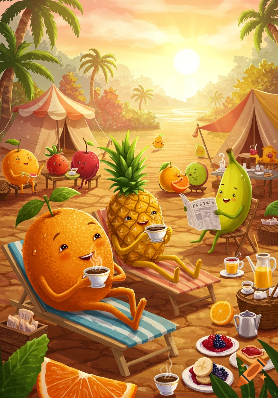 Cartoon fruits like an orange, pineapple, and banana relax on beach chairs with coffee on a sunny tropical morning.