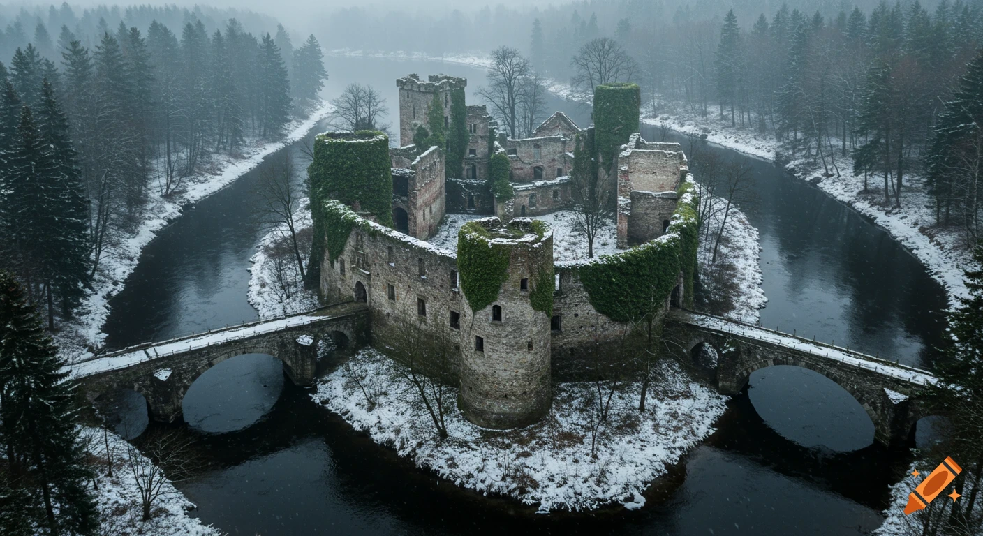 Photorealistic aerial view of forgotten medieval castle ruins on a snowy river island surrounded by a misty evergreen forest in winter.