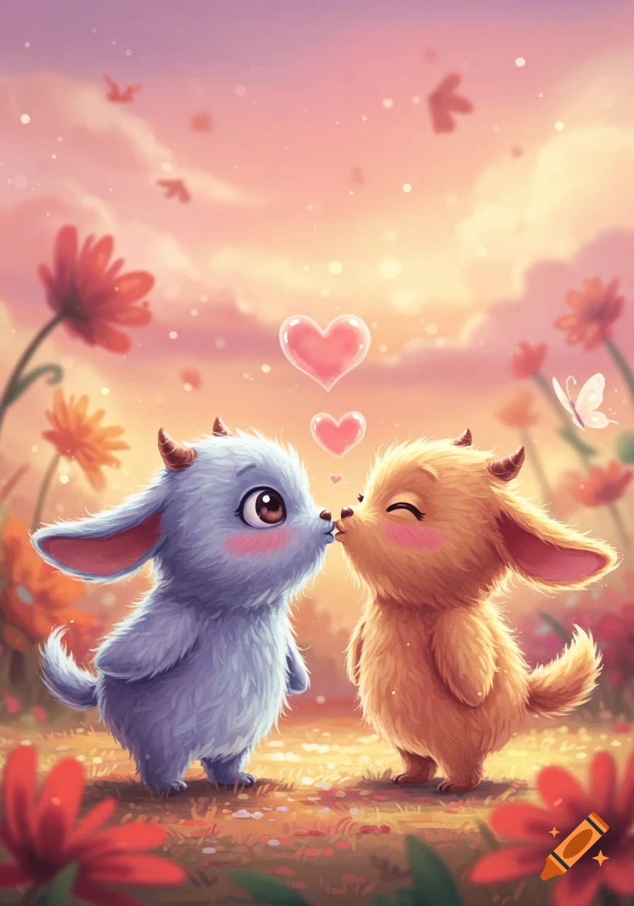 Two cute, fluffy, cartoon creatures (one blue, one orange) kiss under a pastel sunset with floating hearts and flowers.