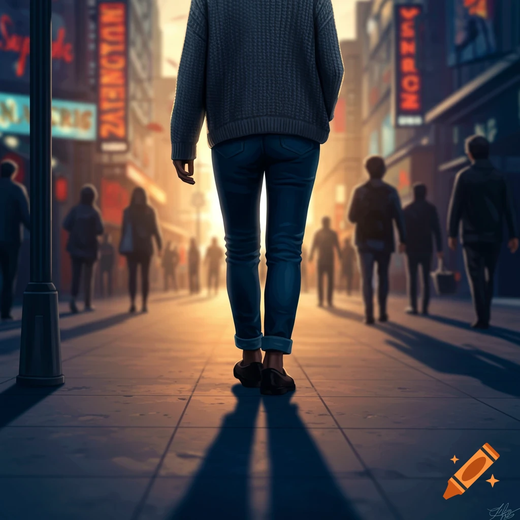 Rear view of a person walking down a bustling city street at sunset, with blurry neon signs on buildings and other pedestrians in the background.