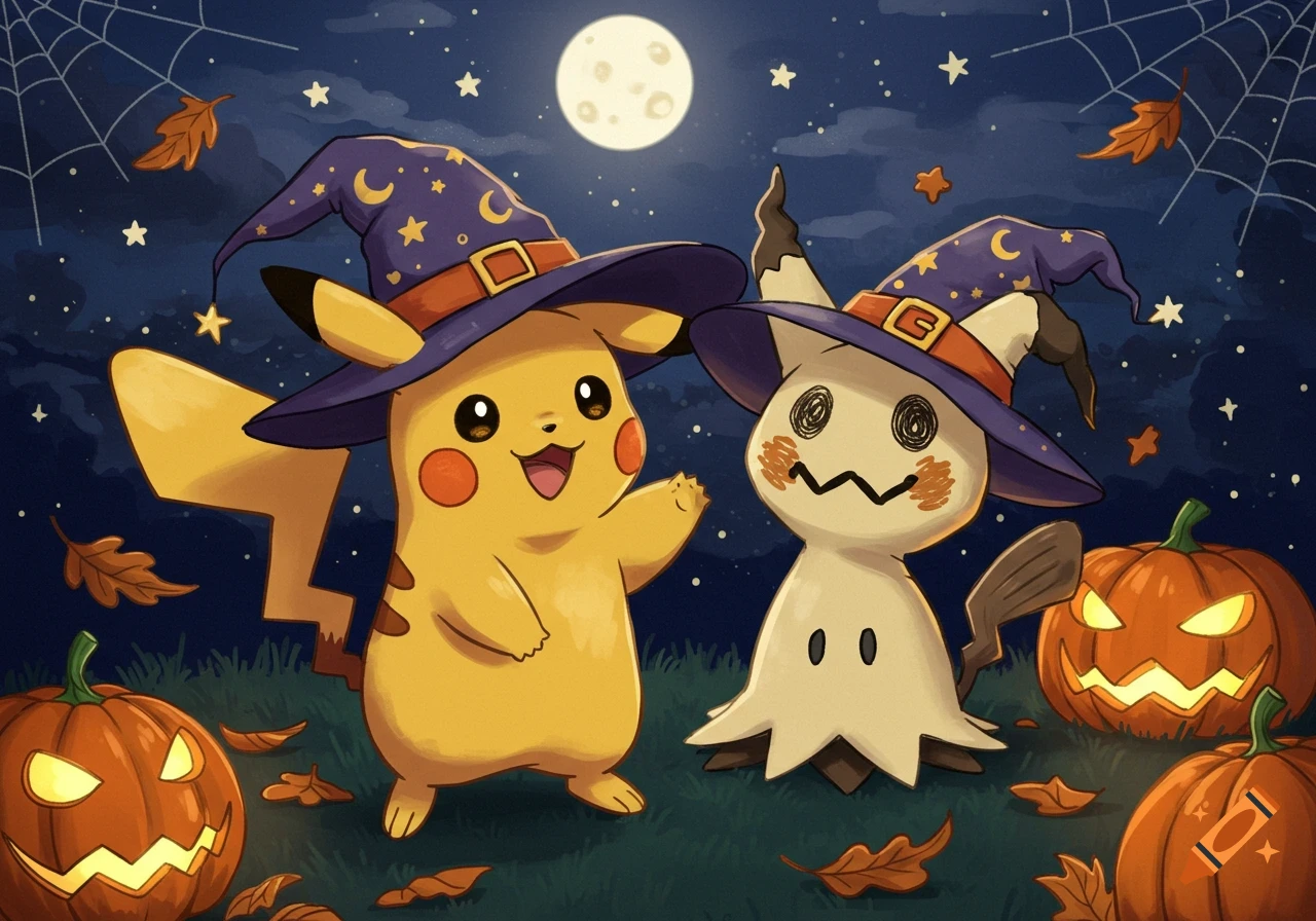Cute 2D illustration of Pikachu and Mimikyu wearing witch hats, standing with jack-o'-lanterns under a full moon for Halloween.