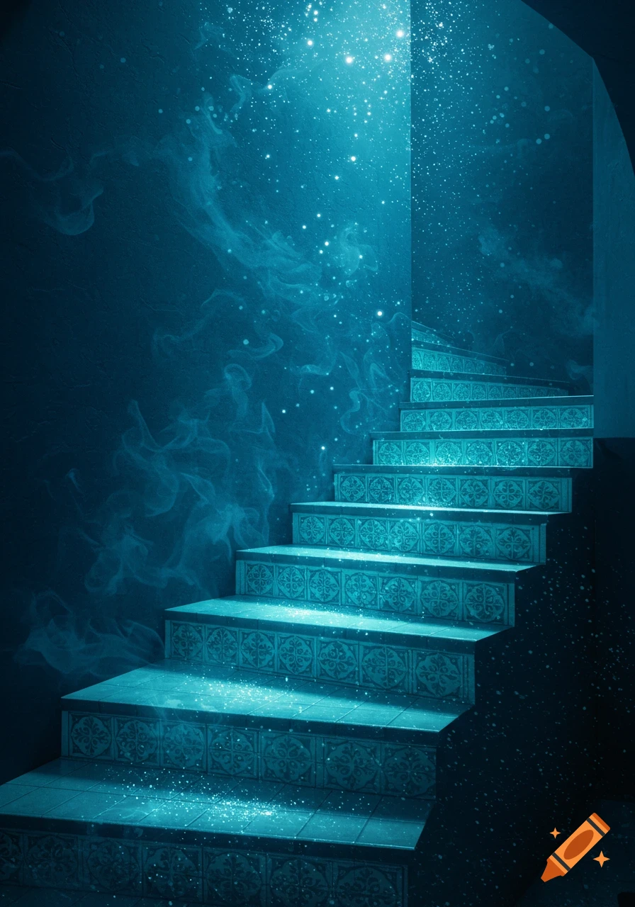 A mystical glowing blue staircase with patterned steps ascends in a dark, textured room, filled with sparkling light and ethereal mist.