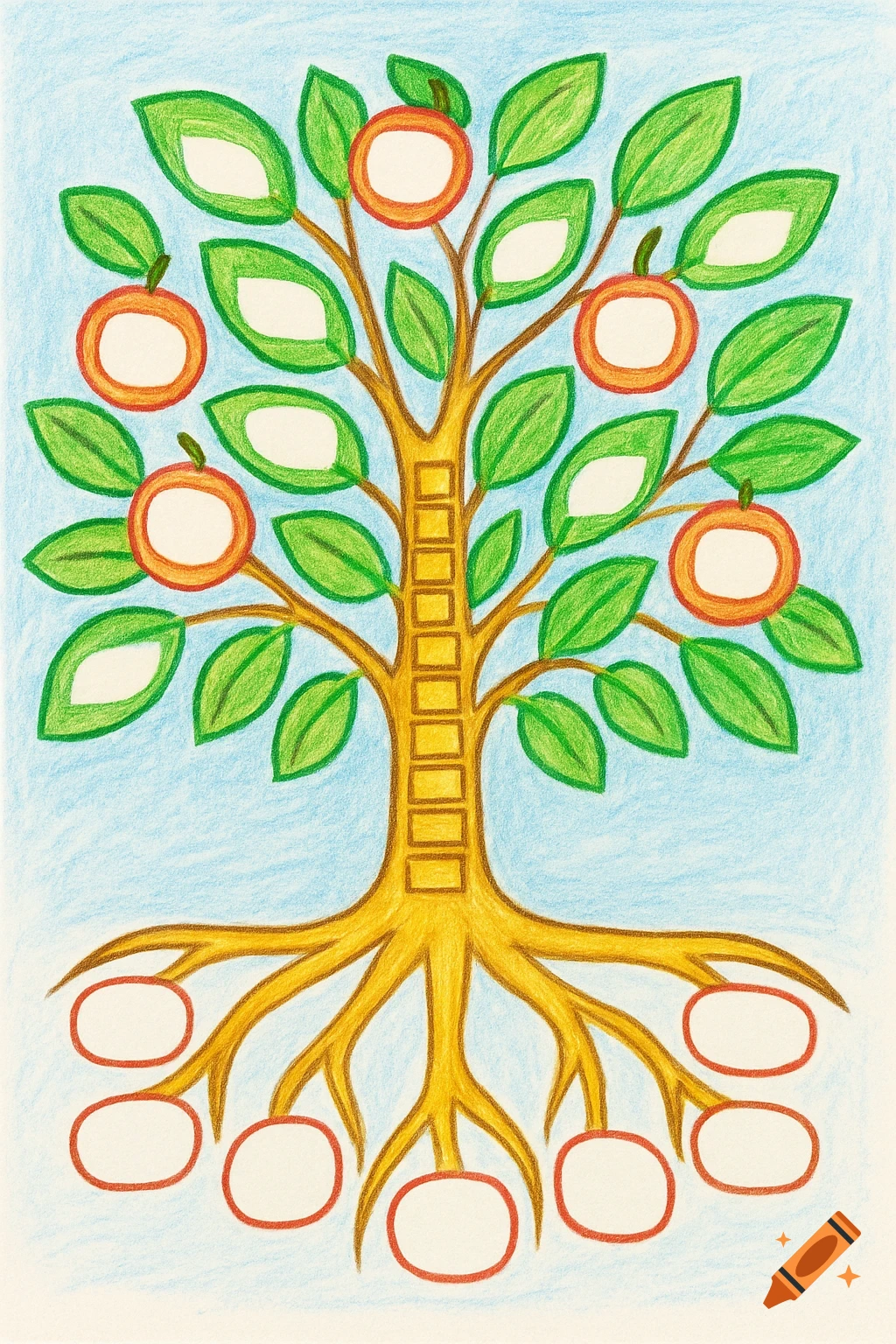 A colorful crayon drawing of a tree with green leaves, orange fruits, and a brown trunk and roots, all containing blank oval or rectangular spaces for text against a light blue background.