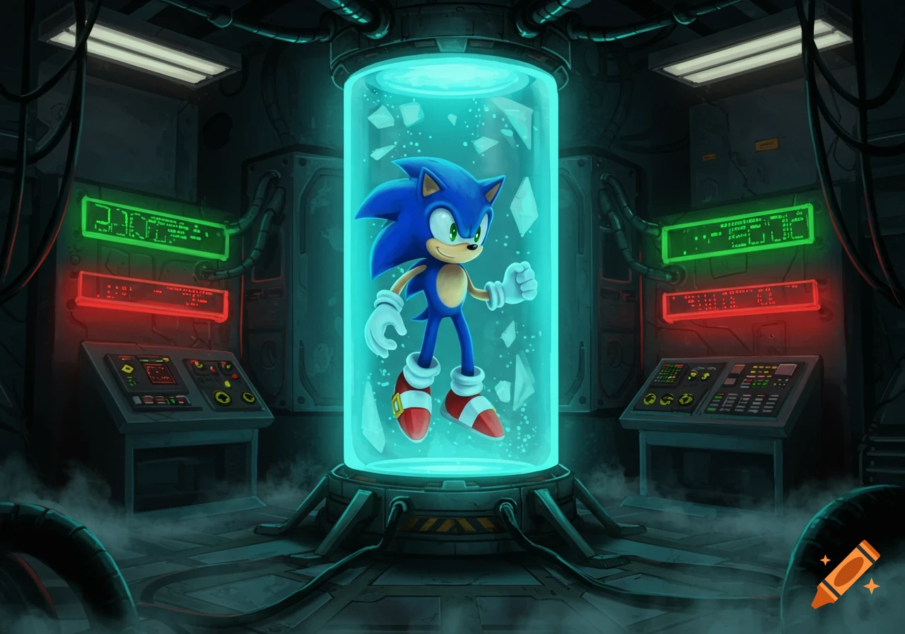 Sonic the Hedgehog stands in a glowing stasis tube in a dark, futuristic laboratory with control panels and wires.