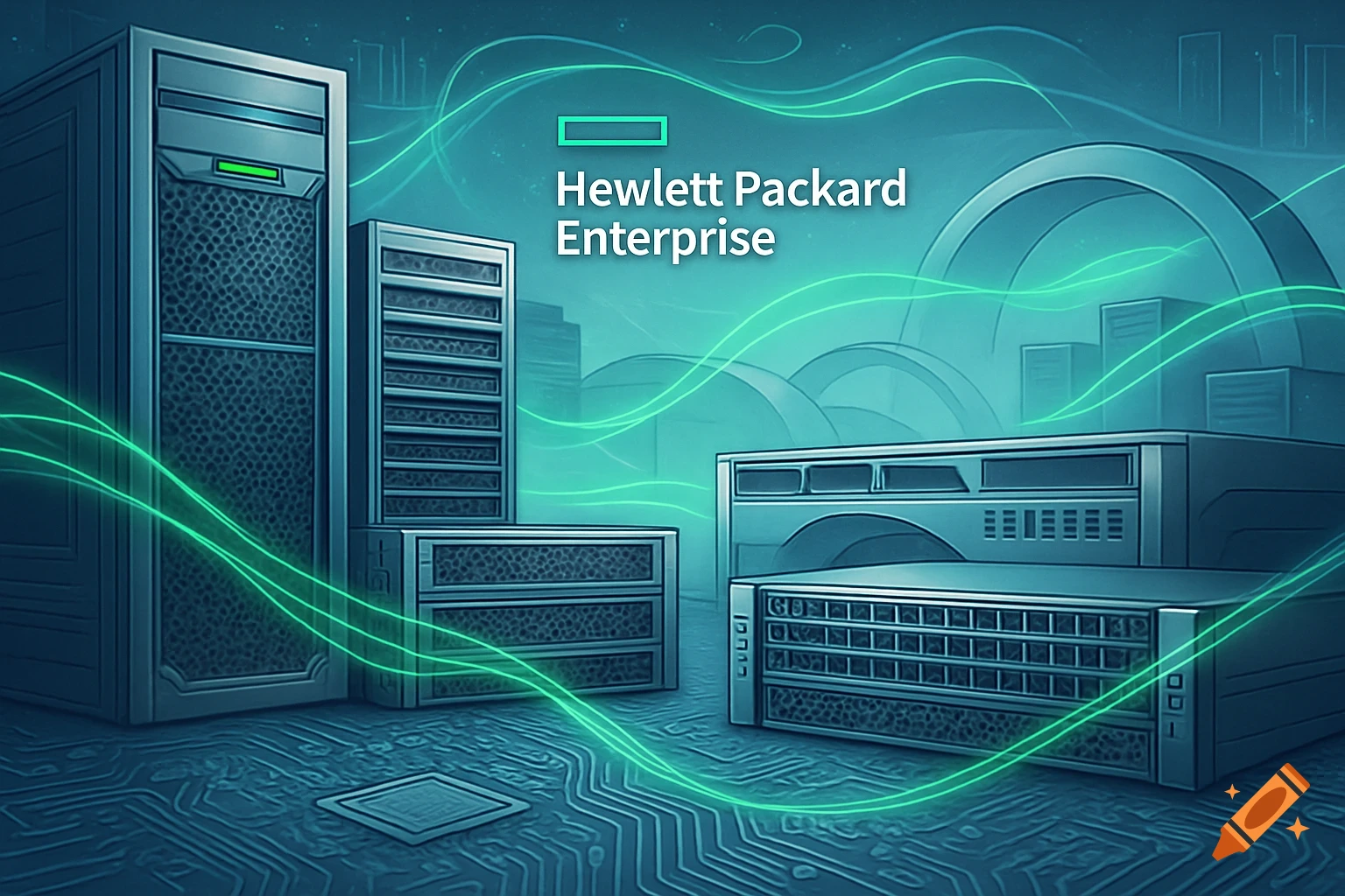 Stylized illustration of server racks and network components with glowing green data lines, featuring the 'Hewlett Packard Enterprise' logo.